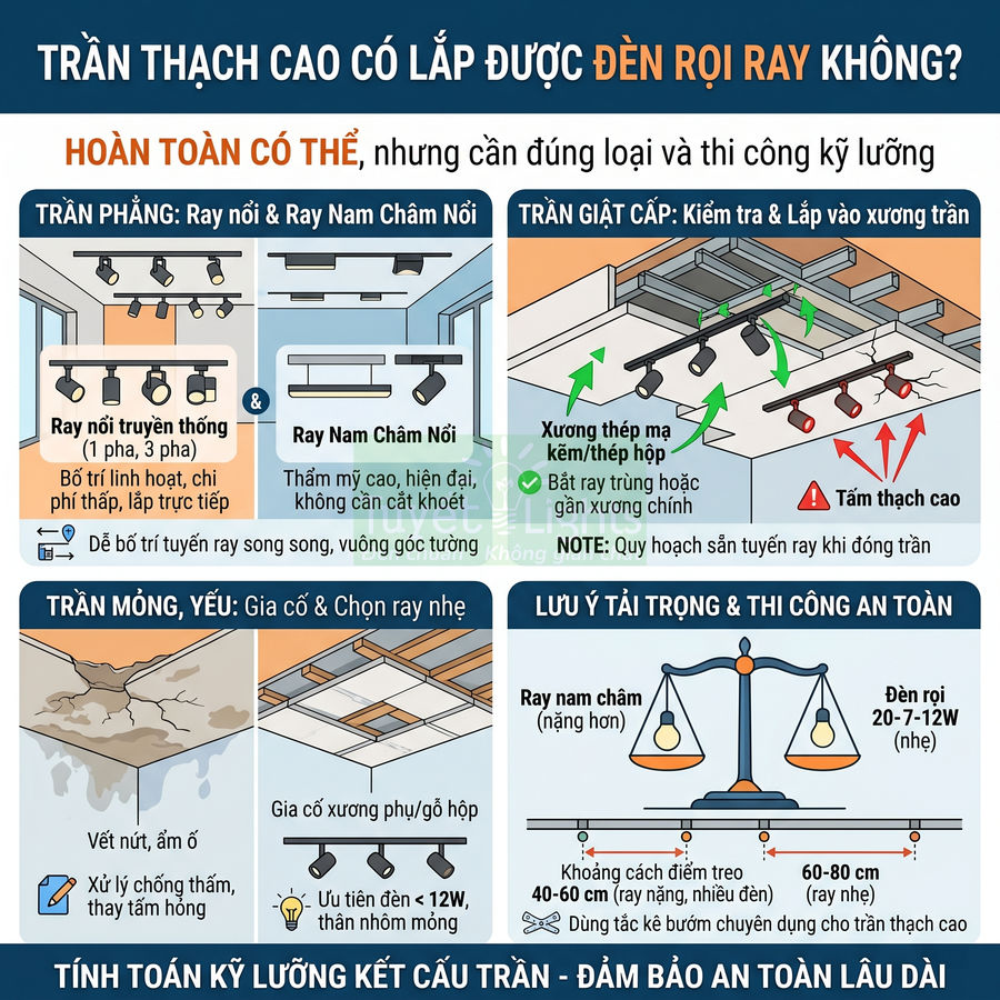 Hướng dẫn lắp đặt đèn rọi ray trên trần thạch cao, phân biệt ray nổi, ray nam châm và lưu ý kết cấu trần an toàn