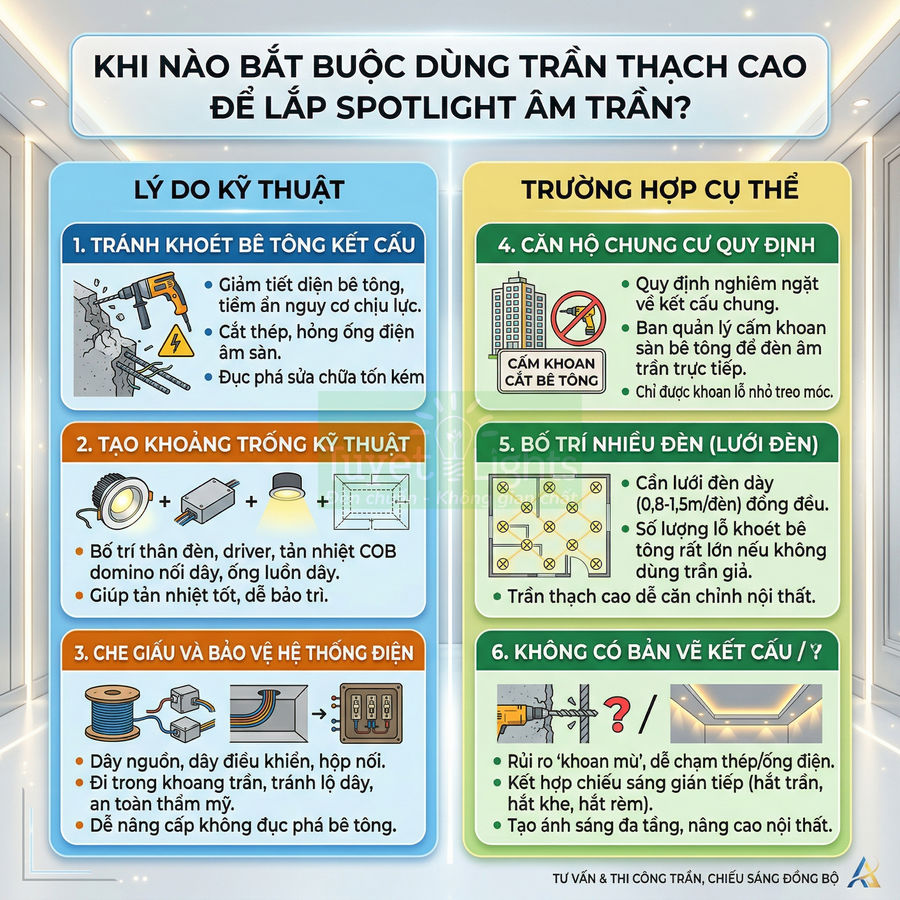 Infographic hướng dẫn khi nào nên dùng trần thạch cao để lắp đèn spotlight âm trần trong căn hộ và nhà ở