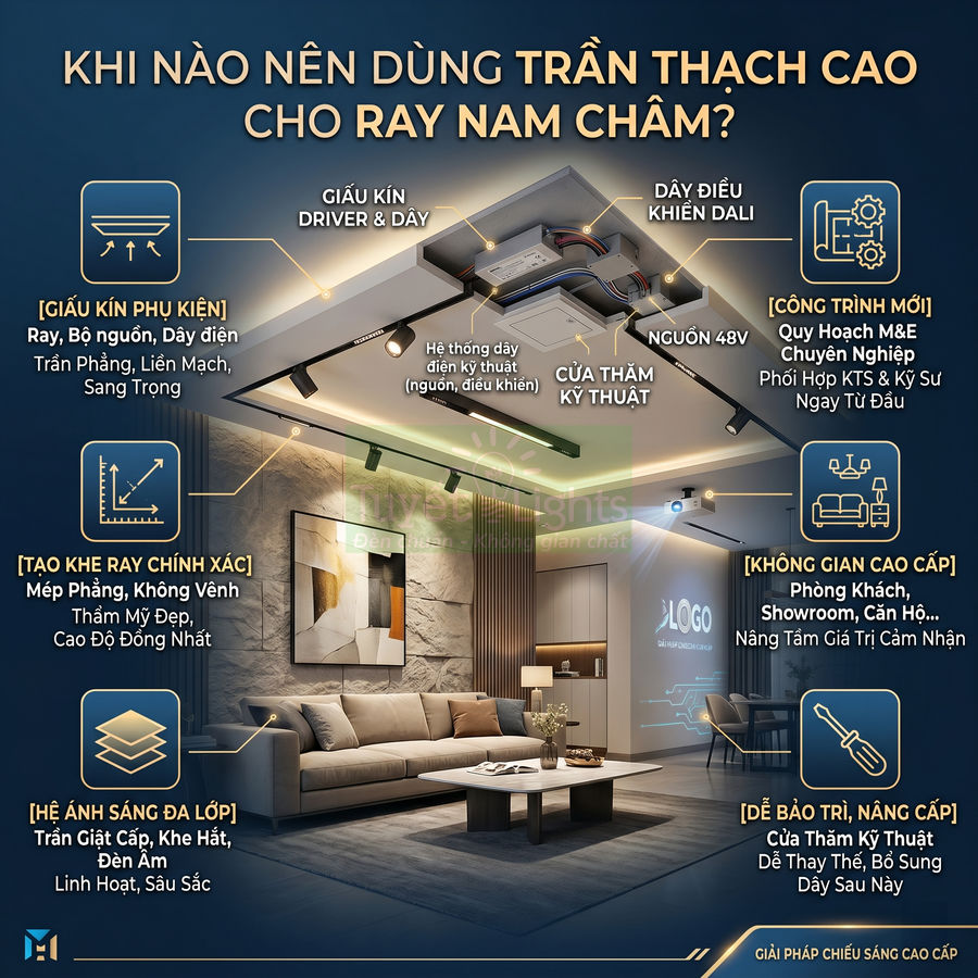 Trần thạch cao tích hợp ray nam châm và đèn LED hiện đại cho phòng khách cao cấp