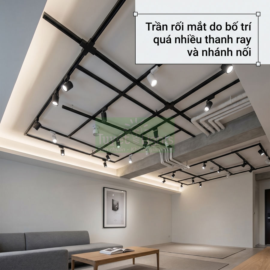 Trần nhà phòng khách với hệ thống đèn rọi ray đen bố trí dày đặc và nhiều nhánh nối