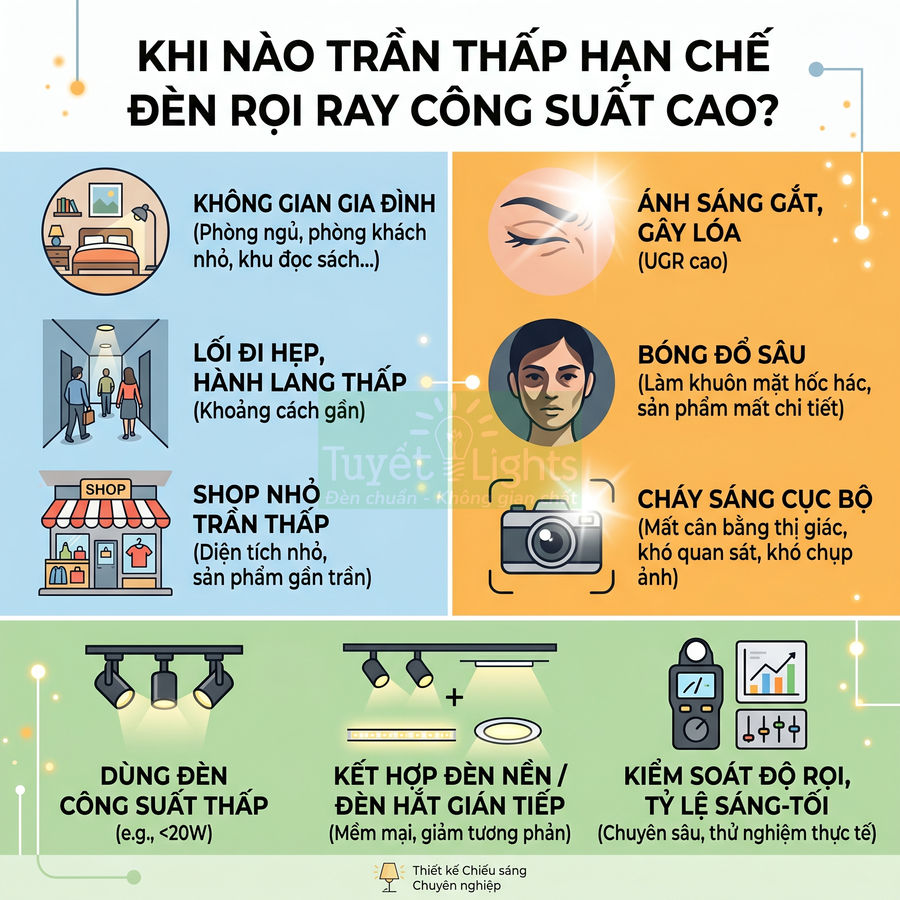 Infographic hướng dẫn dùng đèn rọi ray công suất thấp cho trần thấp, gợi ý kết hợp đèn nền và kiểm soát độ rọi