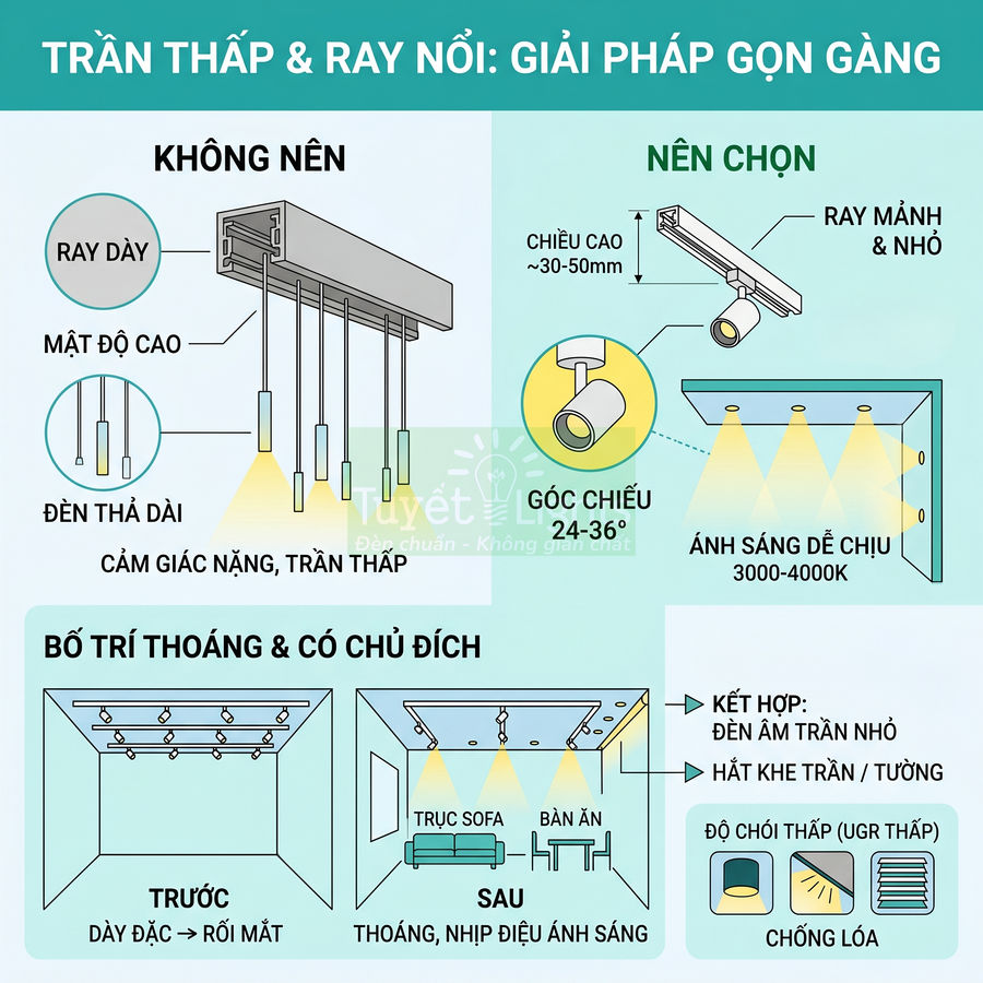 Hướng dẫn chọn ray nổi và đèn rọi trần thấp, bố trí ánh sáng gọn gàng, chống chói cho phòng khách và bàn ăn