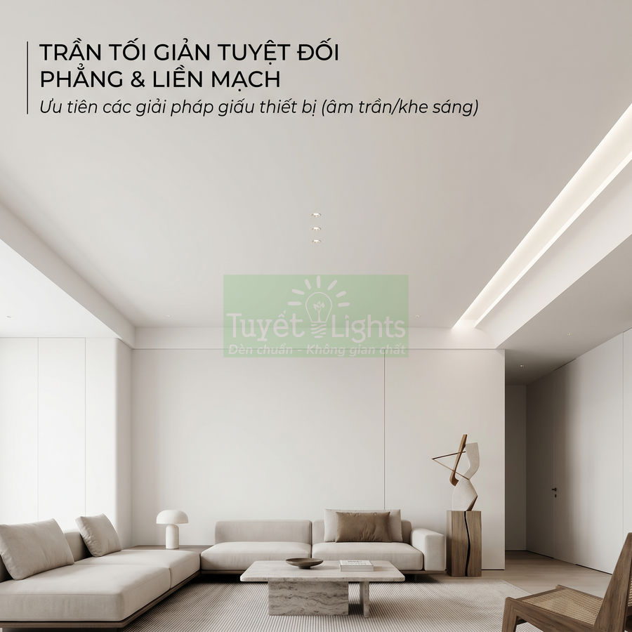 Trần thạch cao phẳng giấu đèn Tuyết Lights cho phòng khách tối giản hiện đại