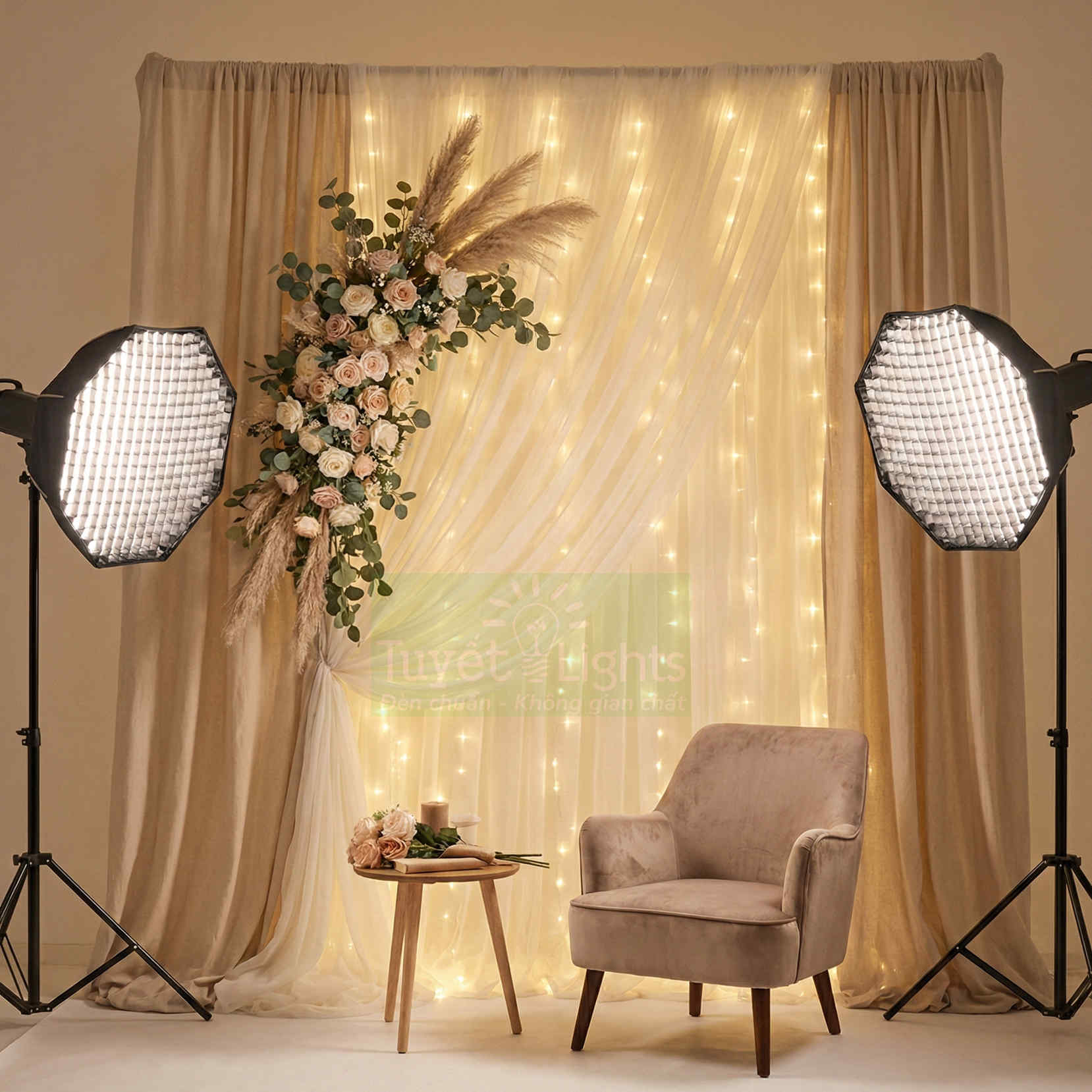 Phông nền rèm đèn led trang trí chụp ảnh với hoa treo, ghế bành và bàn gỗ nhỏ