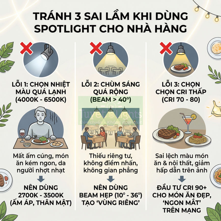 Infographic tránh 3 sai lầm khi dùng đèn spotlight cho nhà hàng, hướng dẫn chọn nhiệt màu, góc chiếu và chỉ số CRI phù hợp