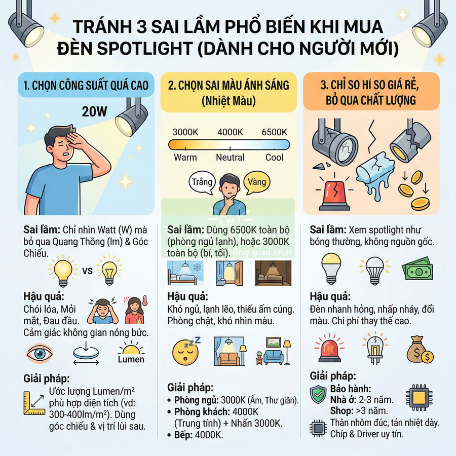 Infographic hướng dẫn tránh 3 sai lầm khi mua đèn spotlight, so sánh công suất, màu ánh sáng và chất lượng sản phẩm