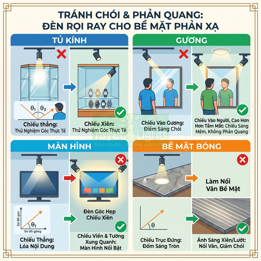 Hướng dẫn dùng đèn rọi ray chống chói cho tủ kính, gương, màn hình và bề mặt bóng trong nội thất