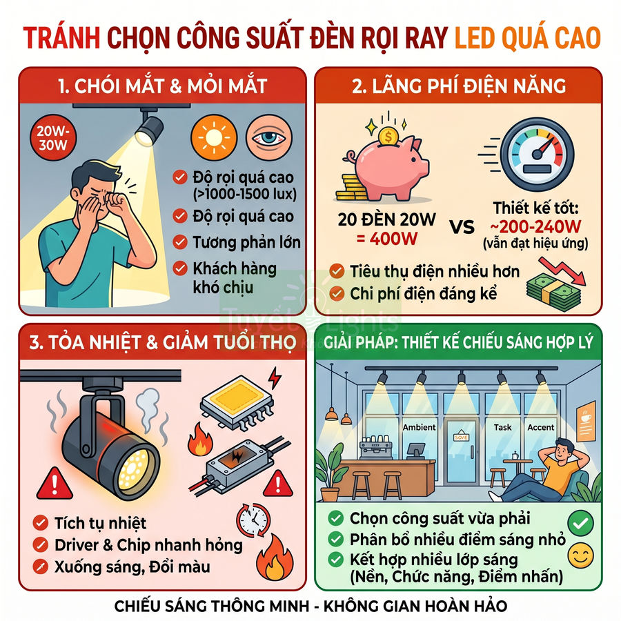 Infographic hướng dẫn chọn công suất đèn rọi ray LED hợp lý để tránh chói mắt, lãng phí điện và giảm tuổi thọ