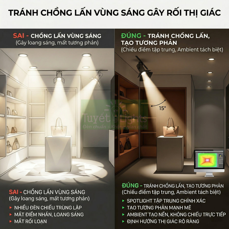 So sánh bố trí đèn chiếu sáng trưng bày túi xách trong cửa hàng, minh họa cách dùng spotlight đúng và sai