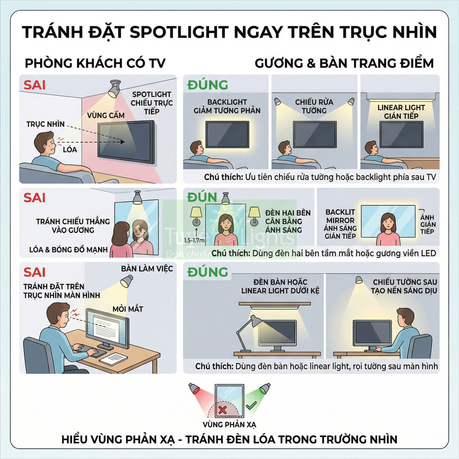 Hướng dẫn bố trí đèn spotlight, đèn bàn và đèn gương đúng cách để tránh lóa khi xem TV, soi gương và làm việc với màn hình