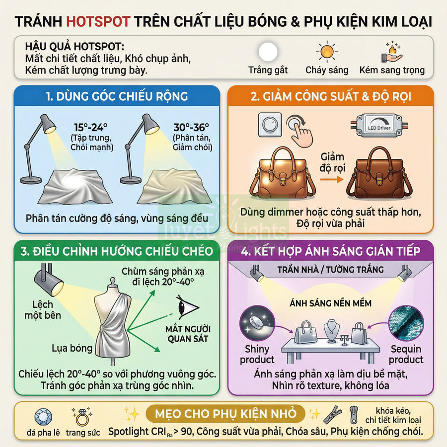 Hướng dẫn chiếu sáng tránh hotspot cho chất liệu bóng và phụ kiện kim loại khi trưng bày sản phẩm