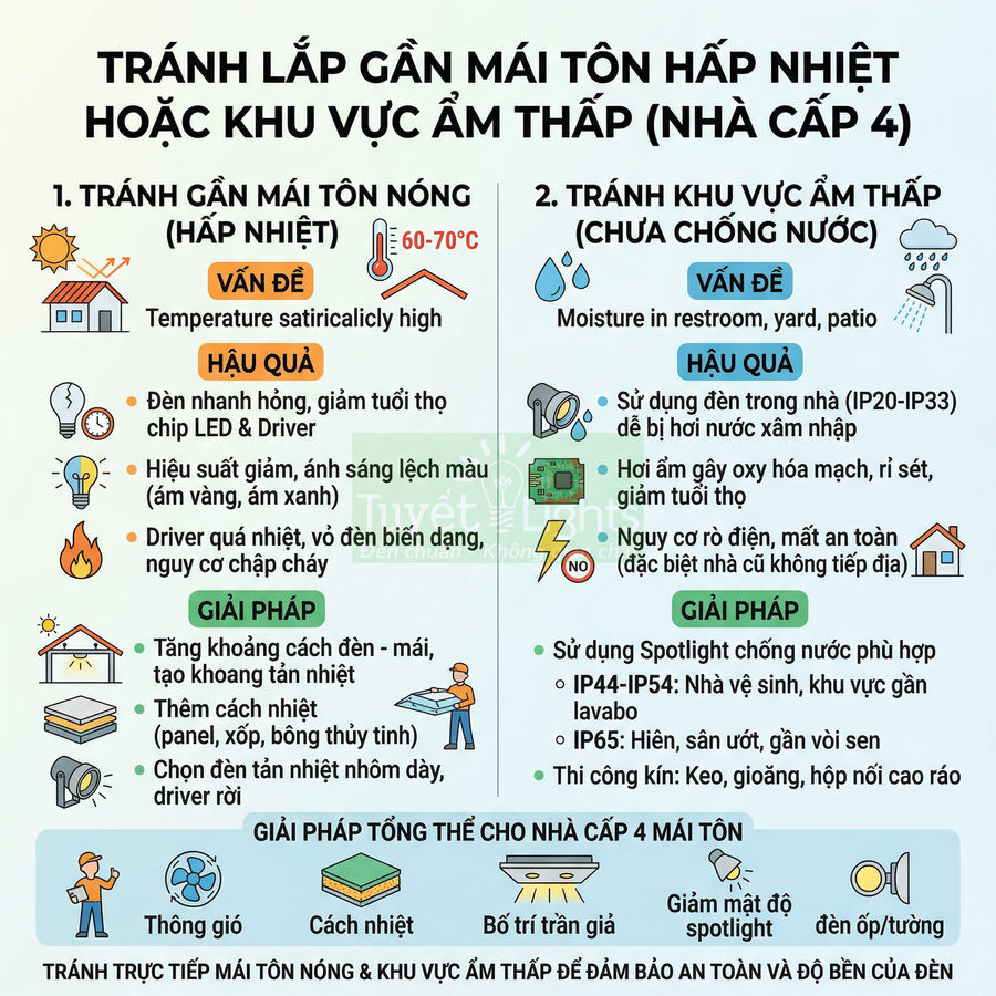 Infographic hướng dẫn lắp đặt đèn LED tránh mái tôn nóng và khu vực ẩm thấp cho nhà cấp 4