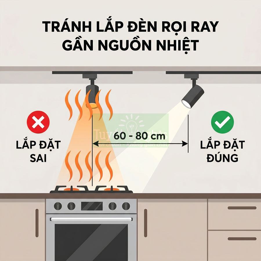 Hướng dẫn lắp đặt đèn rọi ray trong bếp, tránh đặt ngay trên bếp, giữ khoảng cách an toàn 60 đến 80 cm