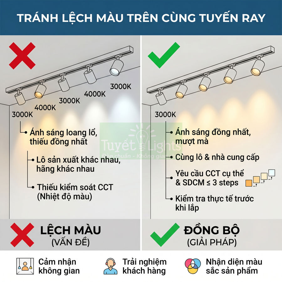 Đèn rọi ray Tuyết Lights so sánh lệch màu và giải pháp đồng bộ nhiệt độ màu 3000K trên cùng tuyến ray