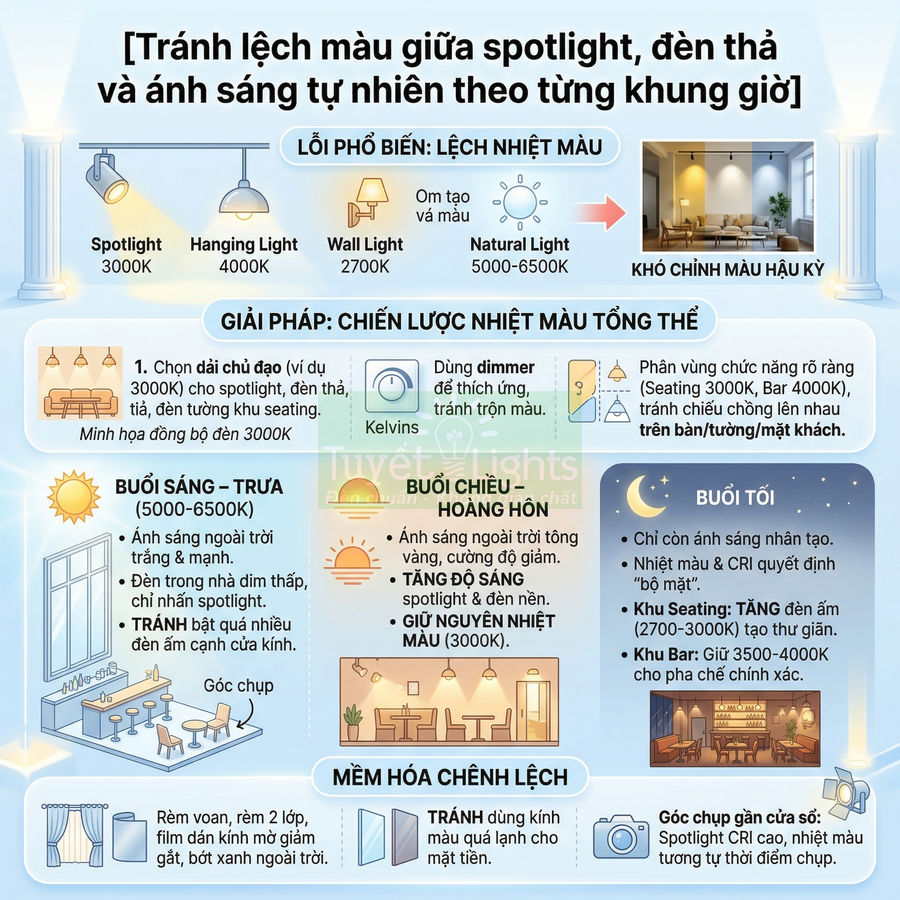 Infographic hướng dẫn chọn nhiệt màu đèn spotlight, đèn thả và ánh sáng tự nhiên cho phòng khách