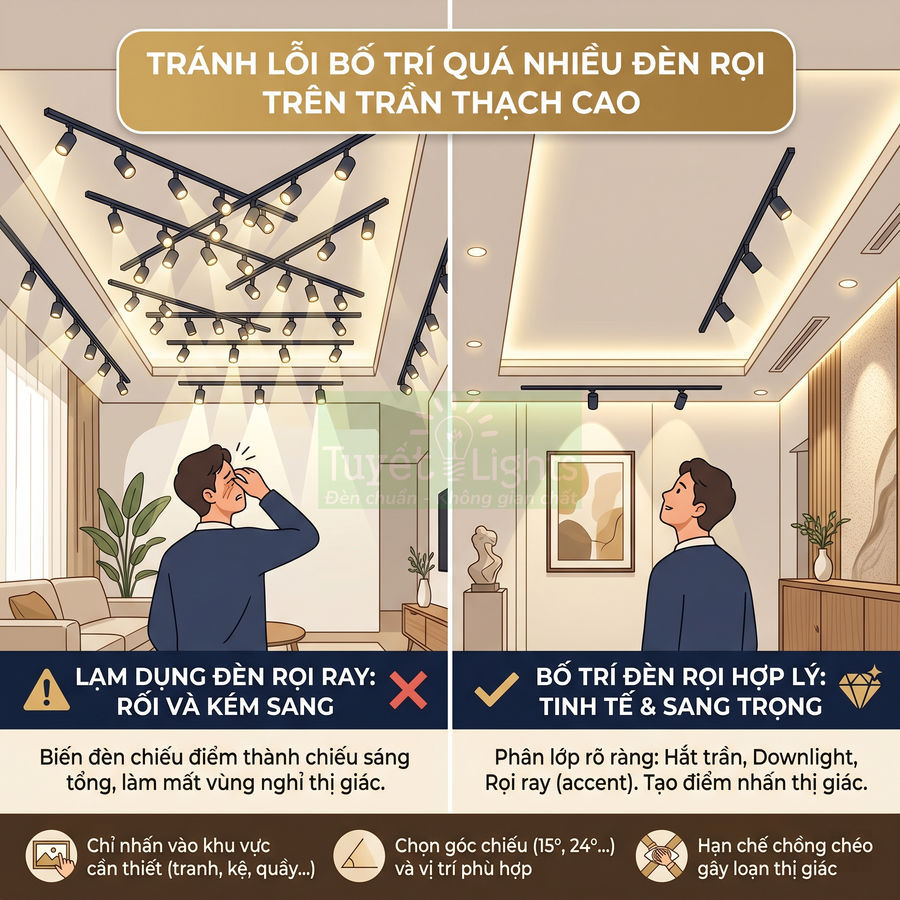 So sánh bố trí đèn rọi ray trên trần thạch cao: lạm dụng gây rối mắt và bố trí hợp lý tinh tế sang trọng