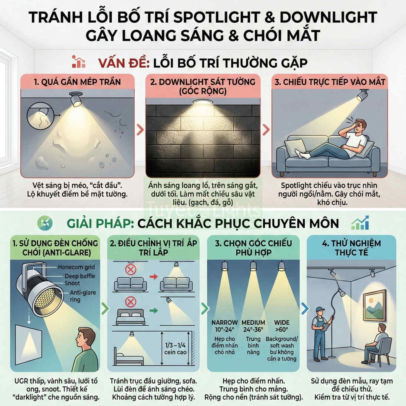 Hướng dẫn bố trí đèn spotlight và downlight chống loang sáng chói mắt trong phòng khách