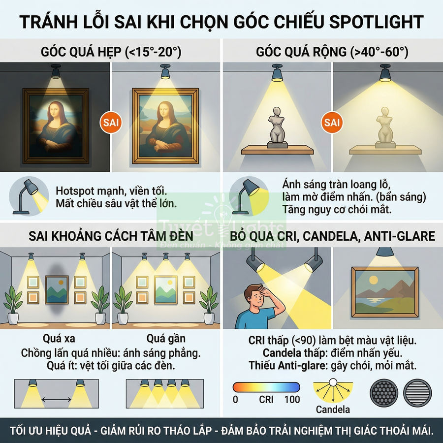 Hướng dẫn chọn góc chiếu đèn spotlight đúng để chiếu tranh treo tường, tránh lỗi góc quá hẹp, quá rộng và chói mắt