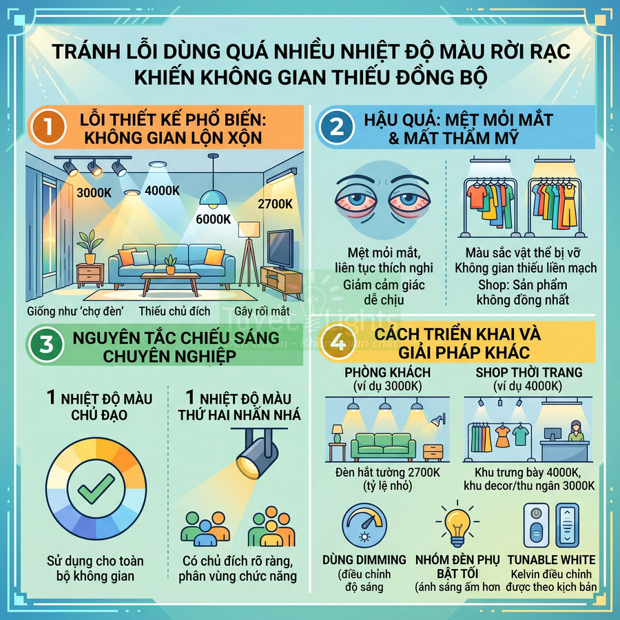 Infographic hướng dẫn chọn nhiệt độ màu đèn chiếu sáng đồng bộ cho phòng khách và shop thời trang