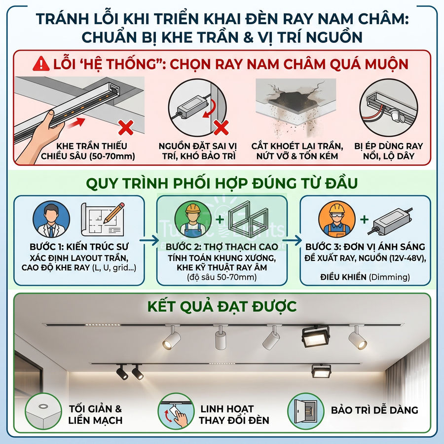 Hướng dẫn lắp đặt đèn ray nam châm âm trần đúng kỹ thuật, tránh lỗi khe trần và vị trí nguồn điện