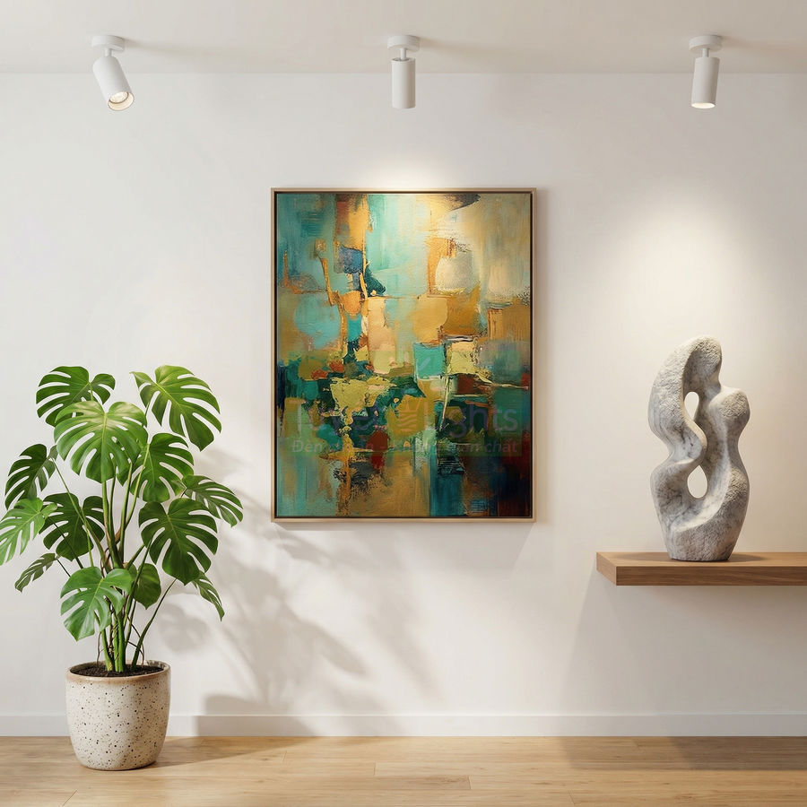 Tranh trừu tượng treo tường với tông xanh vàng trong phòng khách tối giản có cây cảnh và tượng đá trang trí