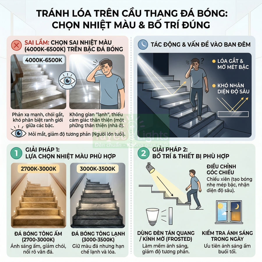 Infographic hướng dẫn chọn nhiệt màu và bố trí đèn cầu thang đá bóng để tránh lóa và tăng an toàn khi di chuyển