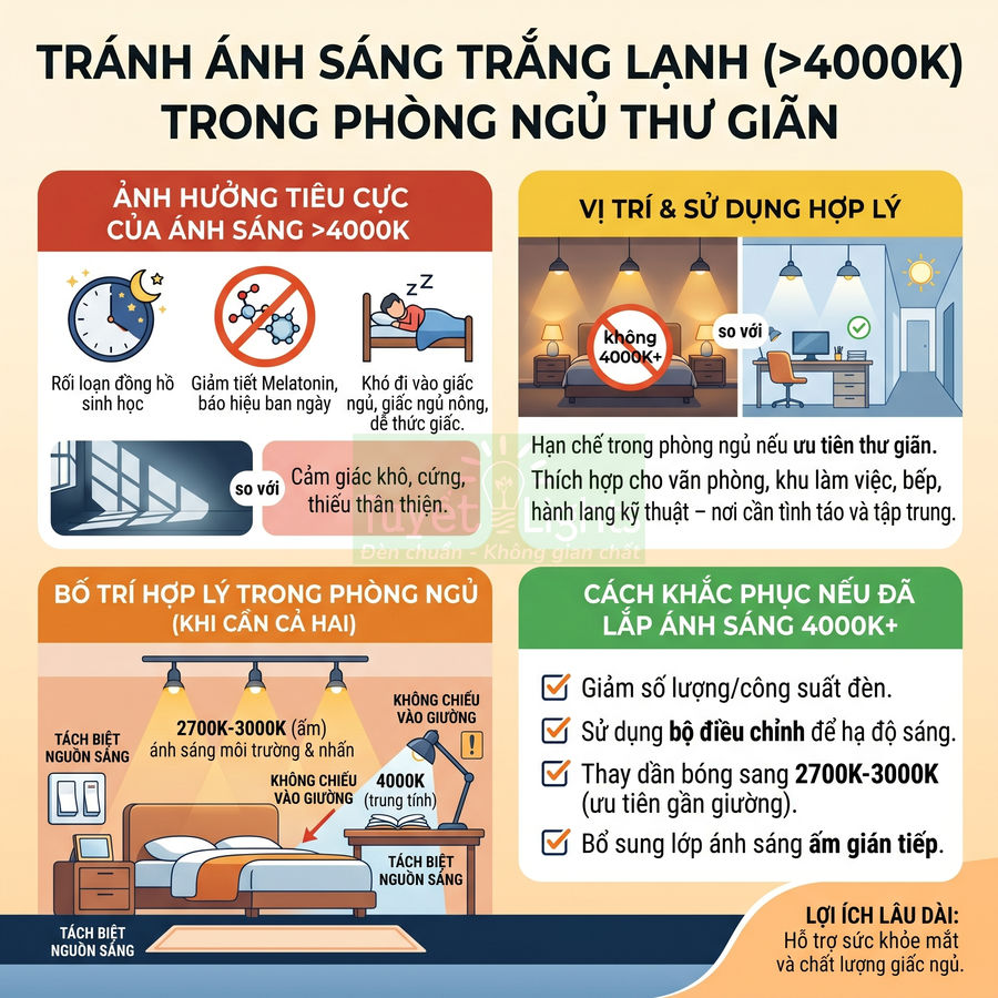 Infographic hướng dẫn tránh dùng ánh sáng trắng lạnh trên 4000K trong phòng ngủ để ngủ ngon và thư giãn