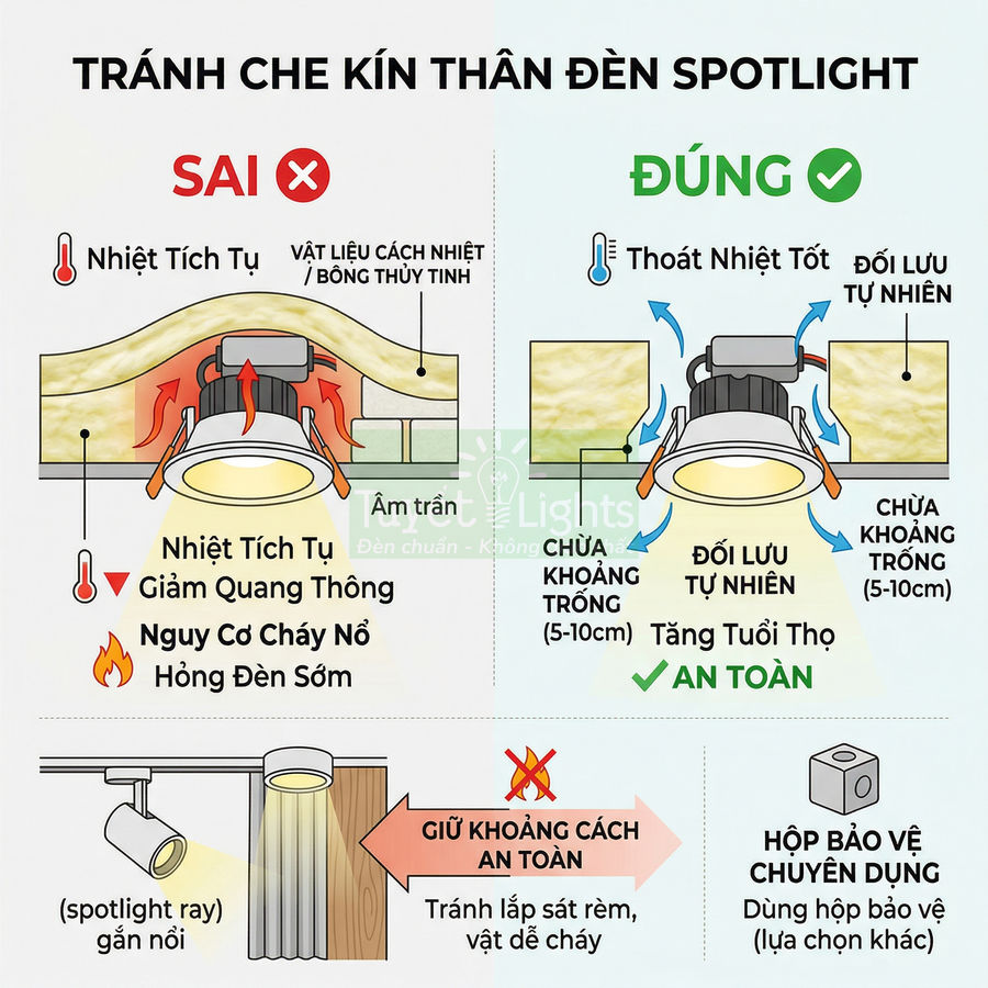 Hướng dẫn lắp đặt đèn spotlight âm trần an toàn, chừa khoảng trống tản nhiệt tránh cháy nổ và tăng tuổi thọ đèn