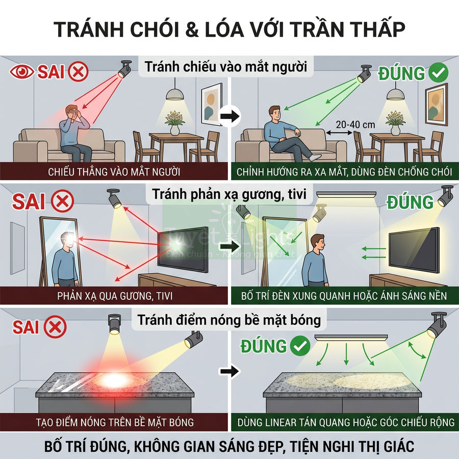 Hướng dẫn bố trí đèn trần thấp tránh chói mắt, phản xạ gương tivi và điểm nóng trên bề mặt bóng