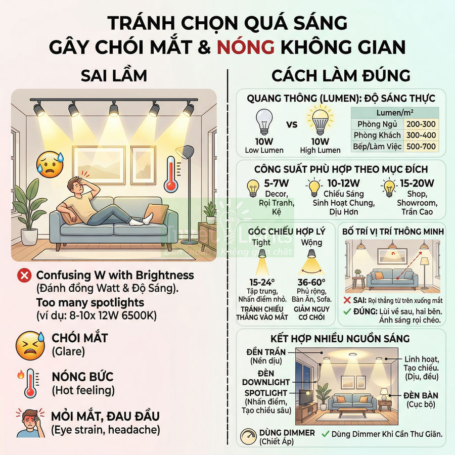 Infographic hướng dẫn chọn đèn downlight và bố trí ánh sáng phòng khách tránh chói mắt và nóng bức