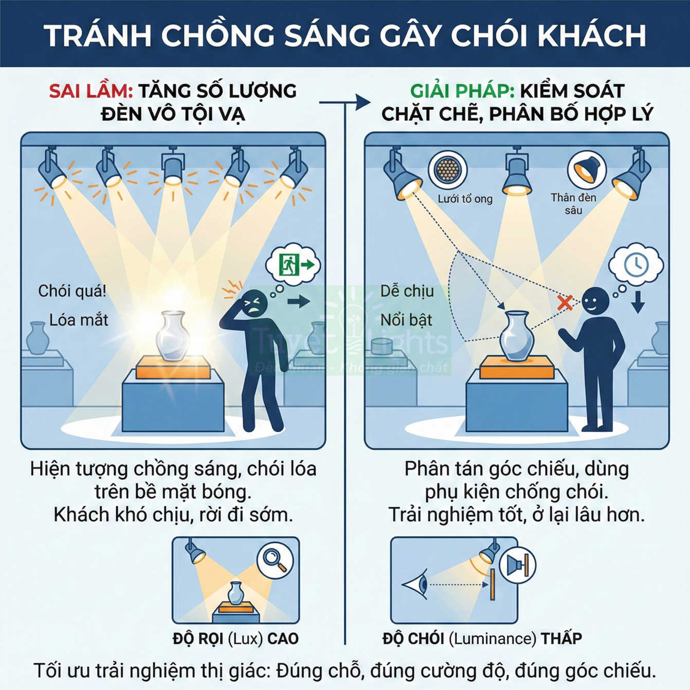 Minh họa so sánh chiếu sáng trưng bày bình gốm gây chói và giải pháp đèn rọi có phụ kiện chống chói