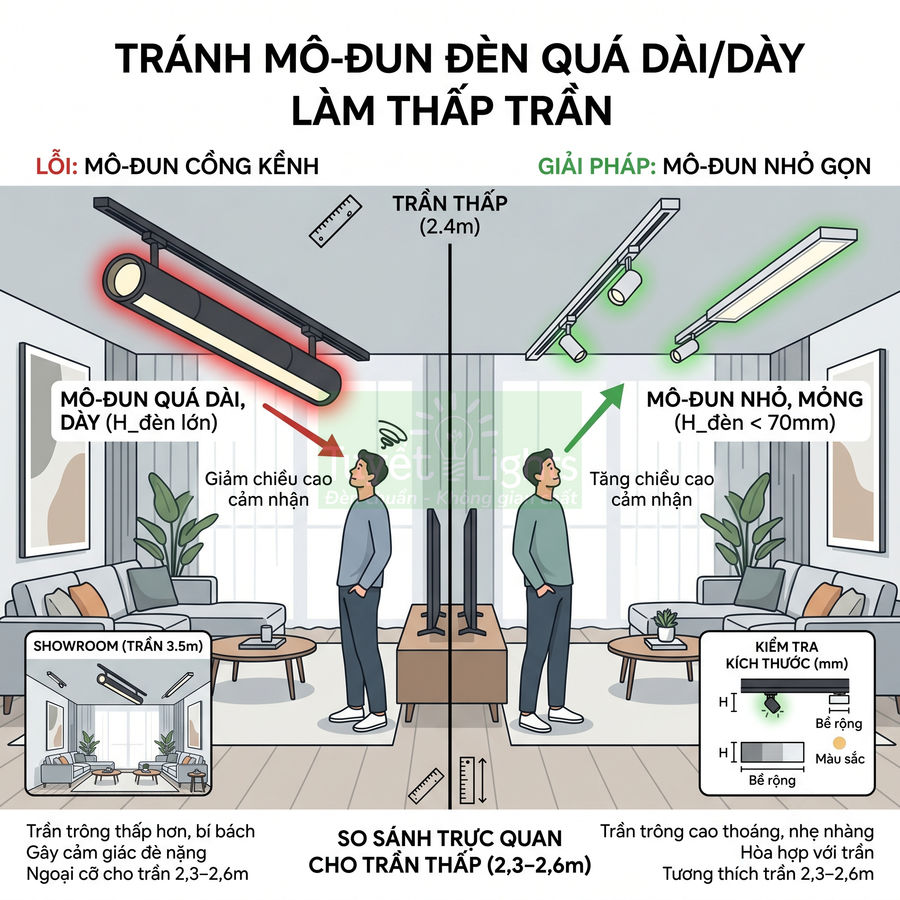 So sánh mô đun đèn trần dài dày và mô đun đèn nhỏ mỏng cho phòng khách trần thấp