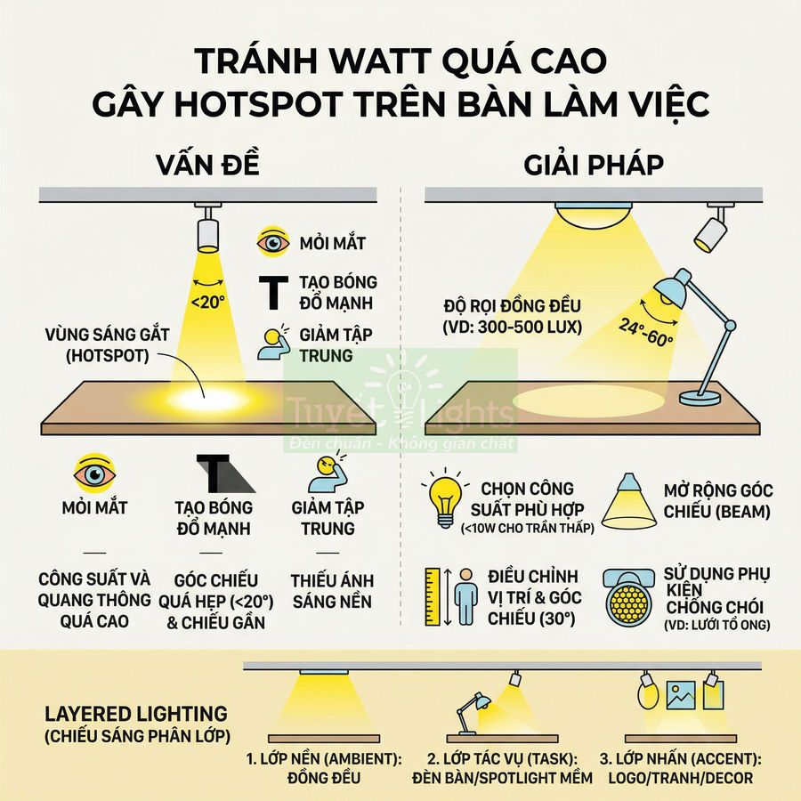 Infographic hướng dẫn chọn công suất và góc chiếu đèn bàn làm việc để tránh vùng sáng gắt hotspot