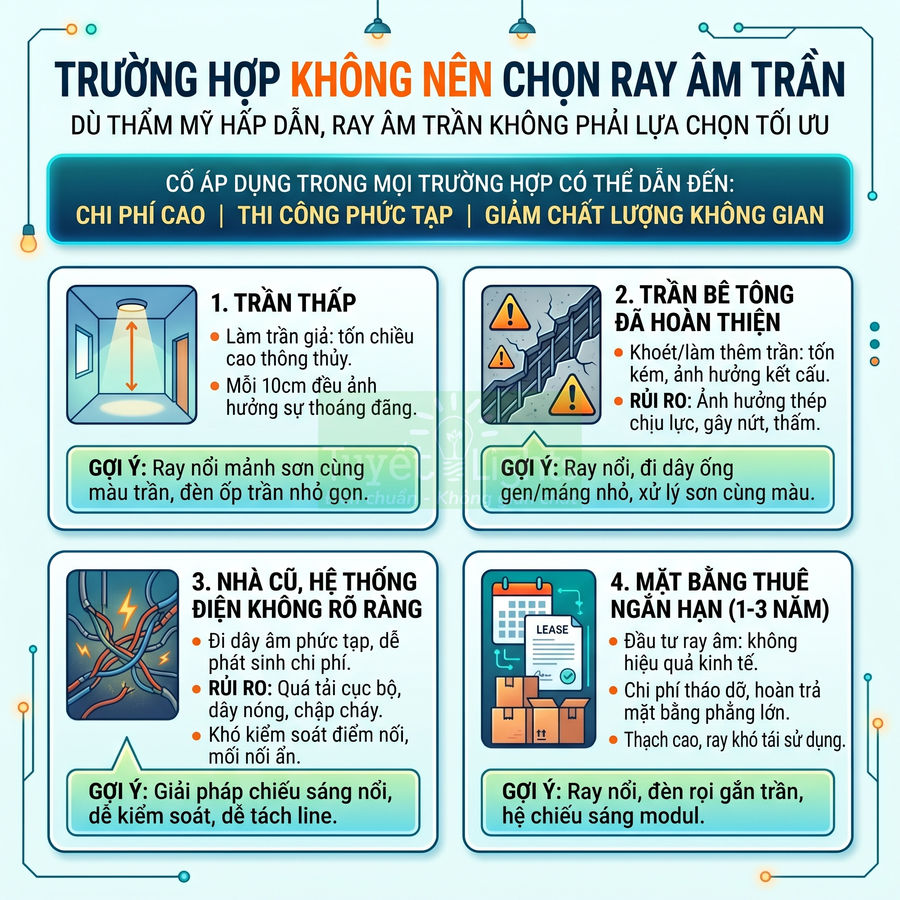 Infographic tư vấn trường hợp không nên chọn ray âm trần và gợi ý dùng ray nổi, đèn ốp trần cho trần thấp, nhà cũ, mặt bằng thuê