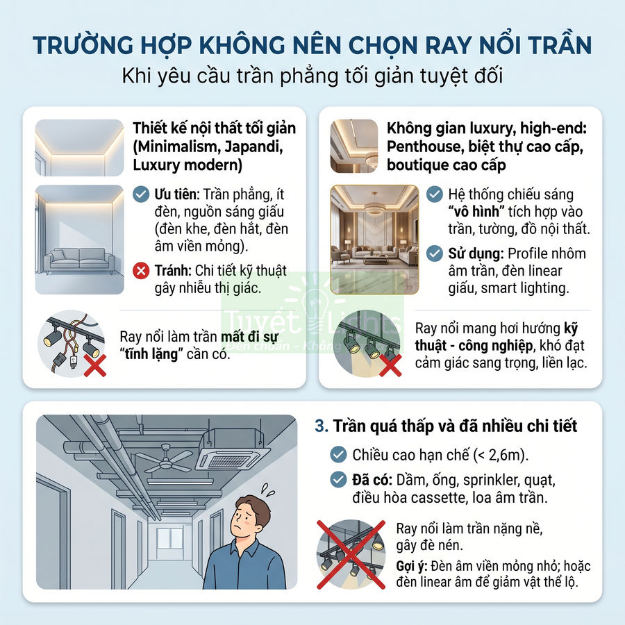 Infographic hướng dẫn khi không nên chọn ray nổi trần, minh họa trần phẳng tối giản và trần nhiều chi tiết