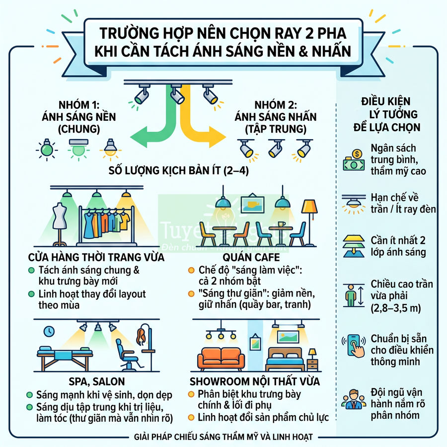 Infographic hướng dẫn chọn ray đèn 2 pha tách ánh sáng nền và nhấn cho cửa hàng, quán cafe, spa, showroom
