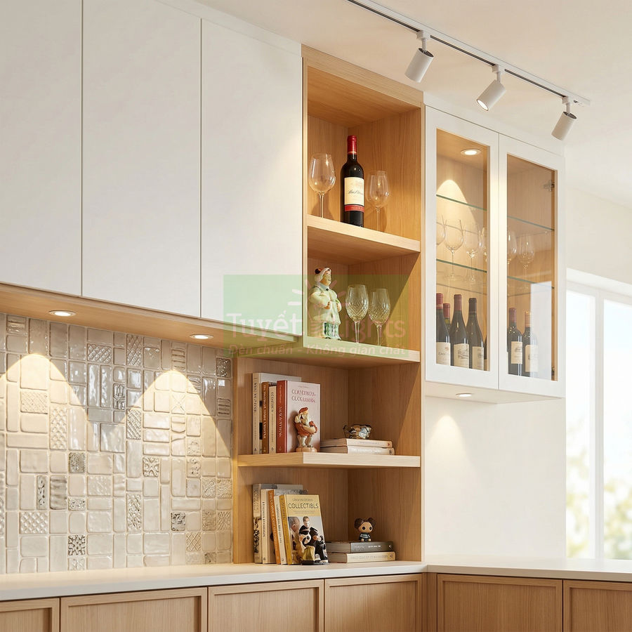 Tủ bếp gỗ hiện đại với kệ trưng bày rượu vang, ly thủy tinh và sách trang trí trong phòng bếp sáng