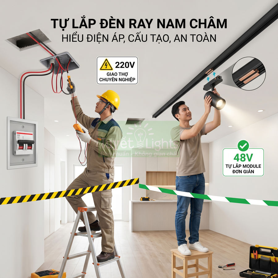 Lắp đặt đèn ray nam châm Vietlight trong phòng khách, thợ điện kiểm tra nguồn 220V và người dùng gắn module 48V