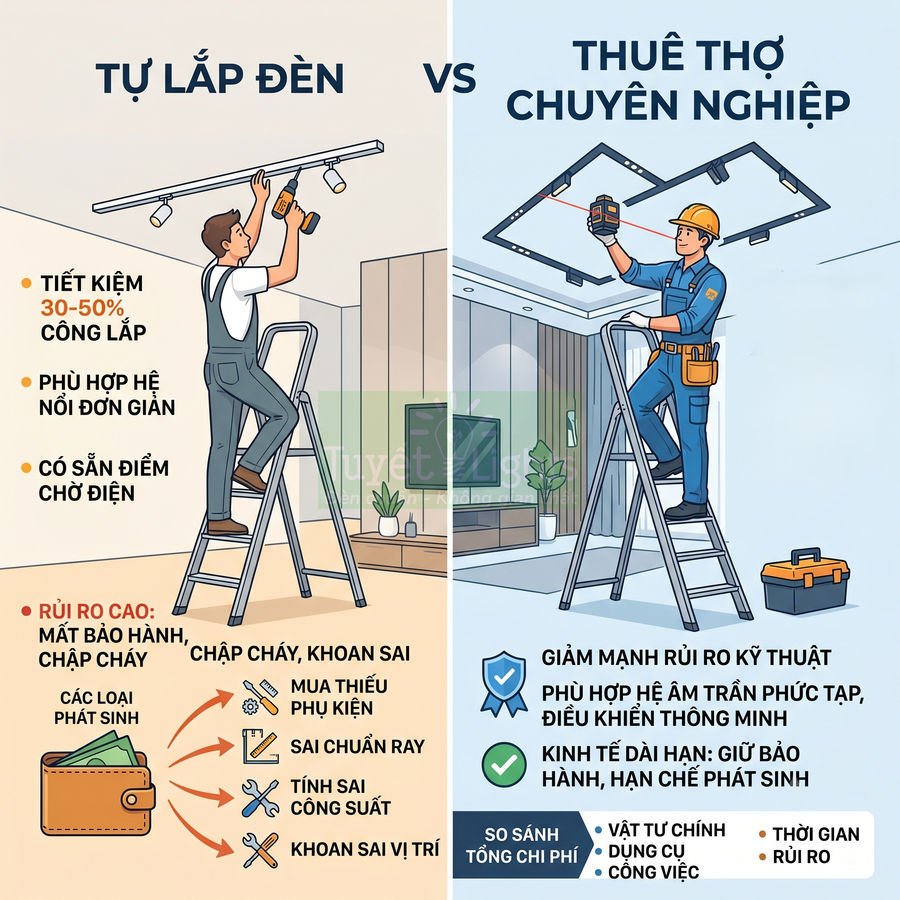 So sánh tự lắp đèn trần tại nhà và thuê thợ điện chuyên nghiệp với ưu nhược điểm chi tiết