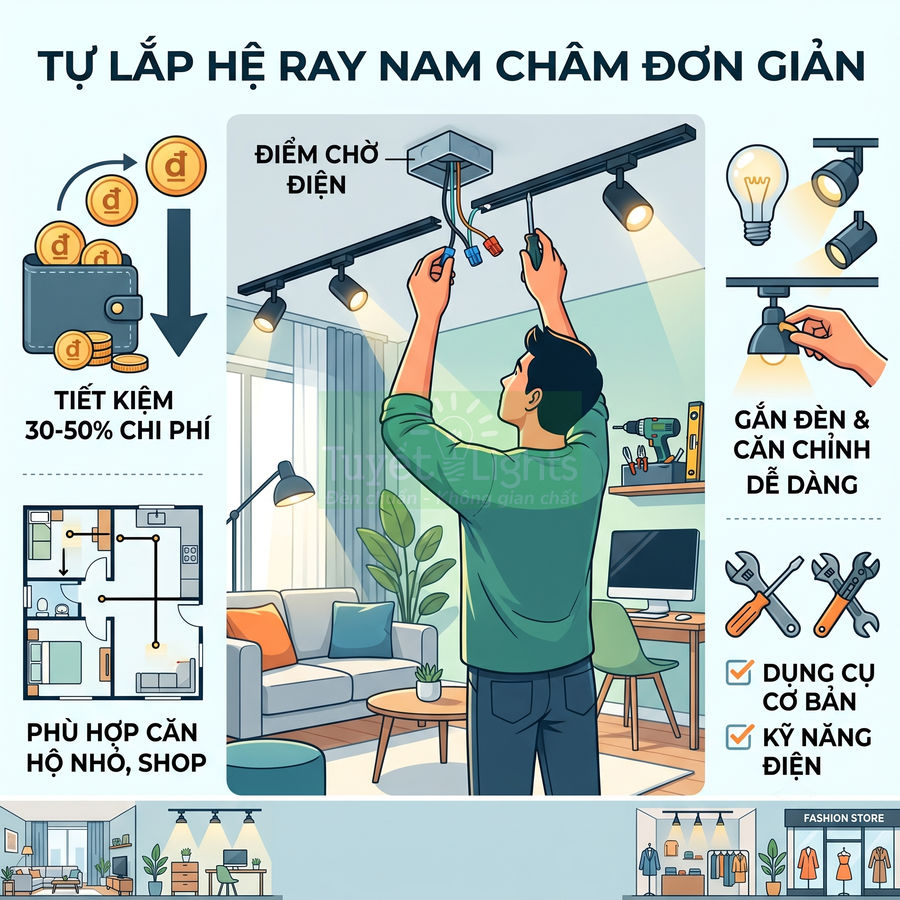 Hướng dẫn tự lắp hệ ray đèn nam châm trong phòng khách, tiết kiệm chi phí và dễ gắn chỉnh đèn