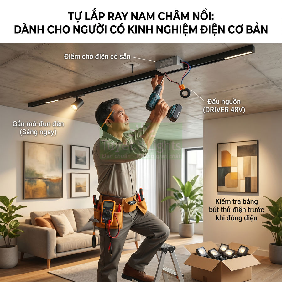 Thợ điện lắp đặt ray đèn nam châm nổi 48V trên trần nhà, kiểm tra nguồn và gắn mô đun đèn chiếu sáng