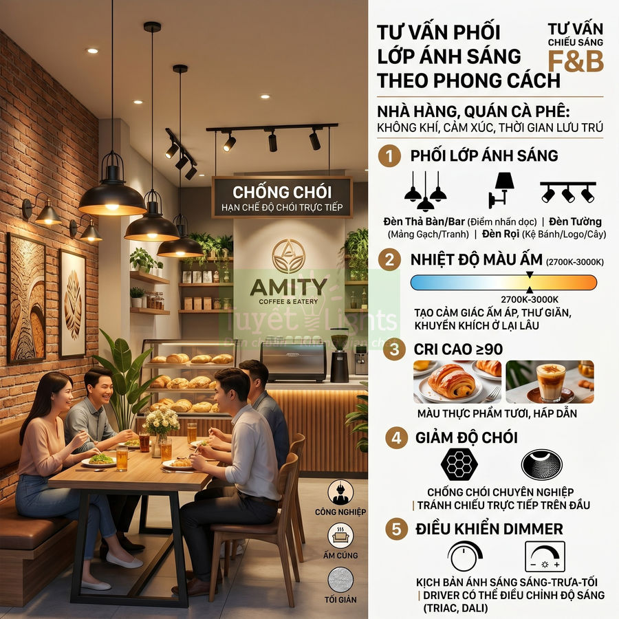 Không gian quán cà phê Amity ấm cúng với hệ thống đèn thả trần và đèn rọi chiếu sáng khu vực bàn ăn