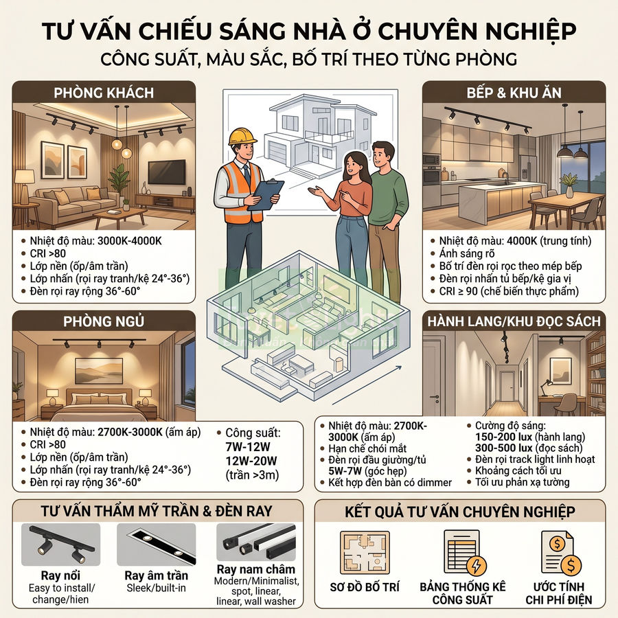 Tư vấn bố trí đèn chiếu sáng nhà ở chuyên nghiệp cho phòng khách, bếp, phòng ngủ, hành lang và khu đọc sách