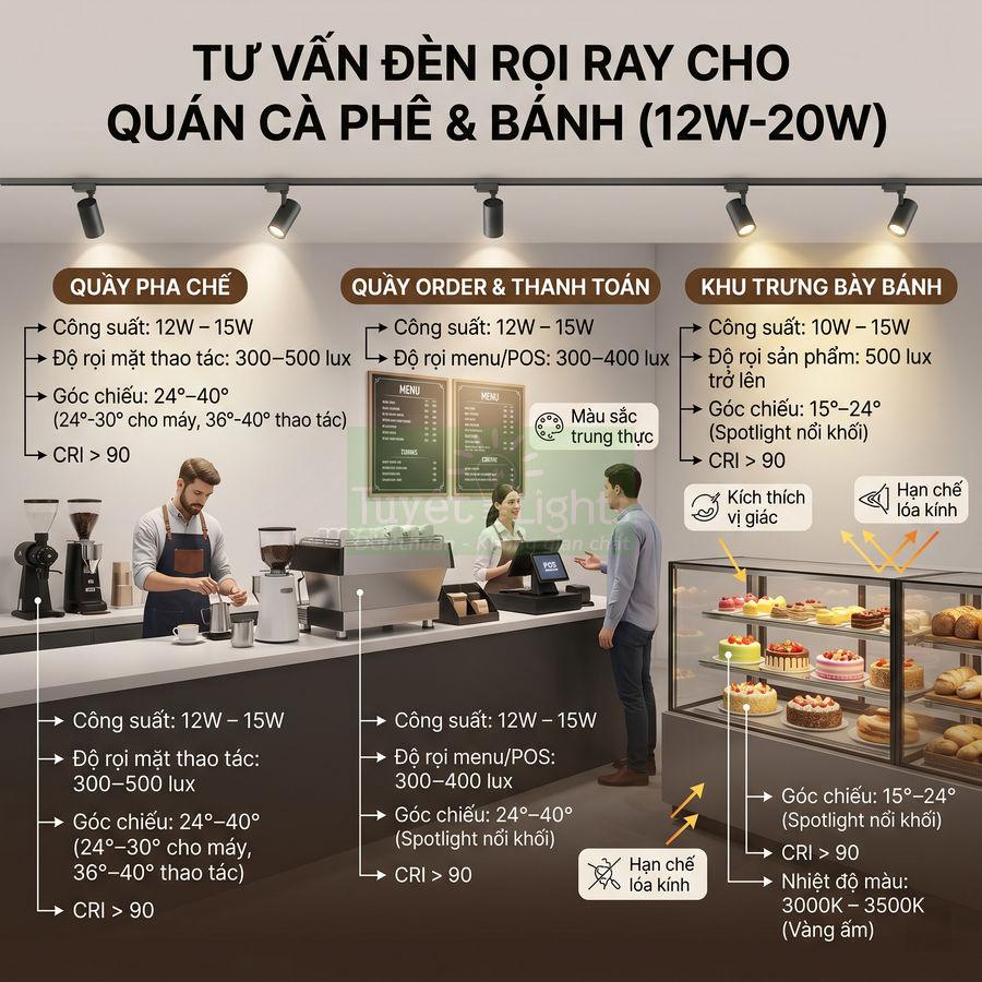 Tư vấn lắp đèn rọi ray 12W 20W cho quán cà phê và bánh với quầy pha chế, thanh toán và tủ bánh
