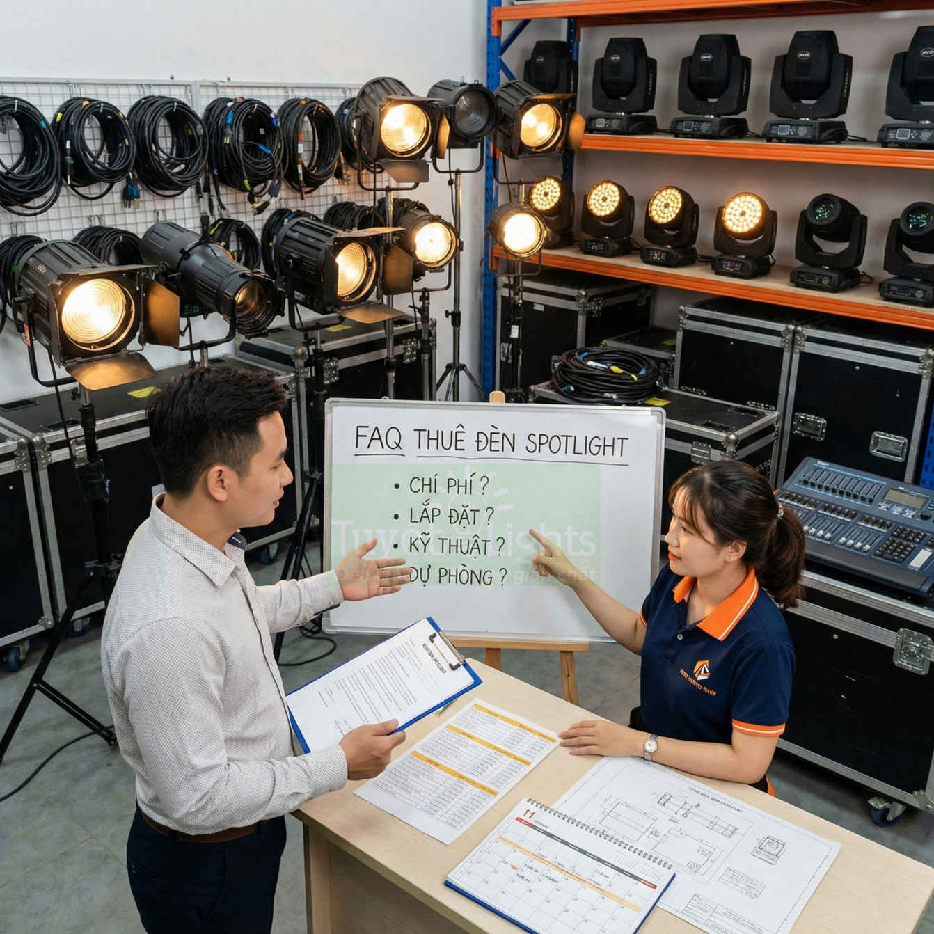 Tư vấn khách hàng về dịch vụ cho thuê đèn spotlight sân khấu trong kho thiết bị ánh sáng chuyên nghiệp