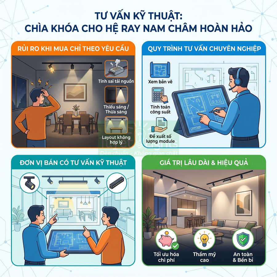 Tư vấn kỹ thuật hệ ray nam châm cho chiếu sáng nội thất, tối ưu công suất, thẩm mỹ và an toàn lâu dài
