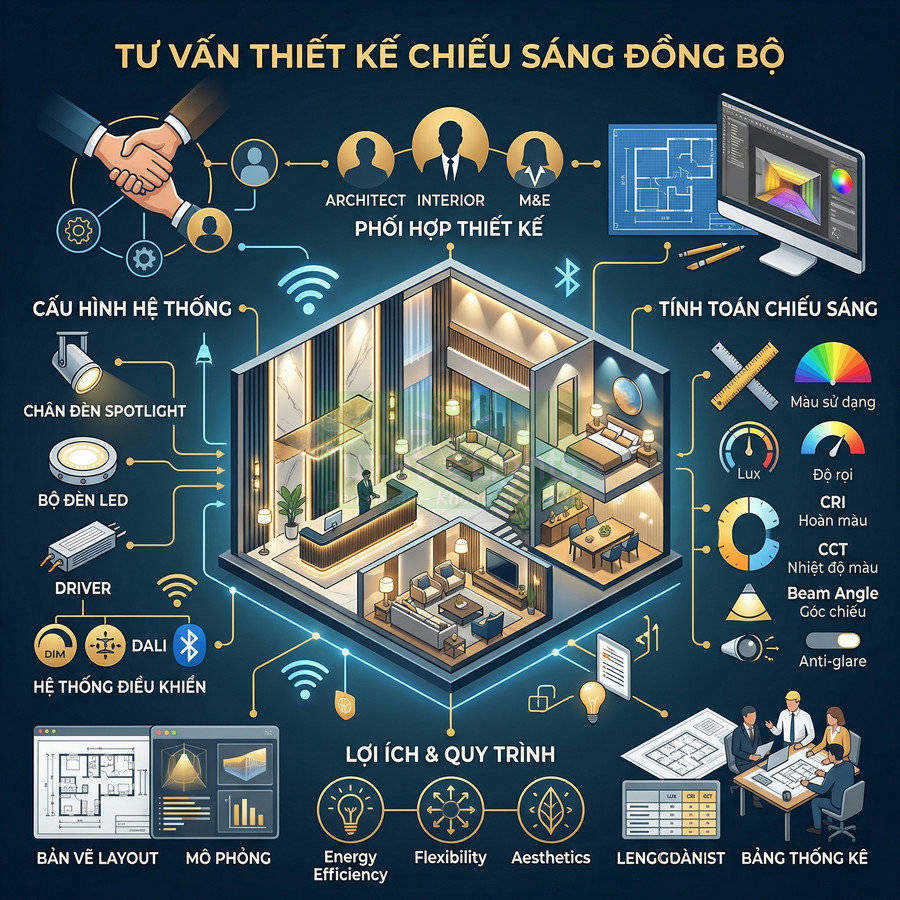 Infographic tư vấn thiết kế chiếu sáng đồng bộ cho nhà ở với mô hình 3D và các thành phần hệ thống đèn LED