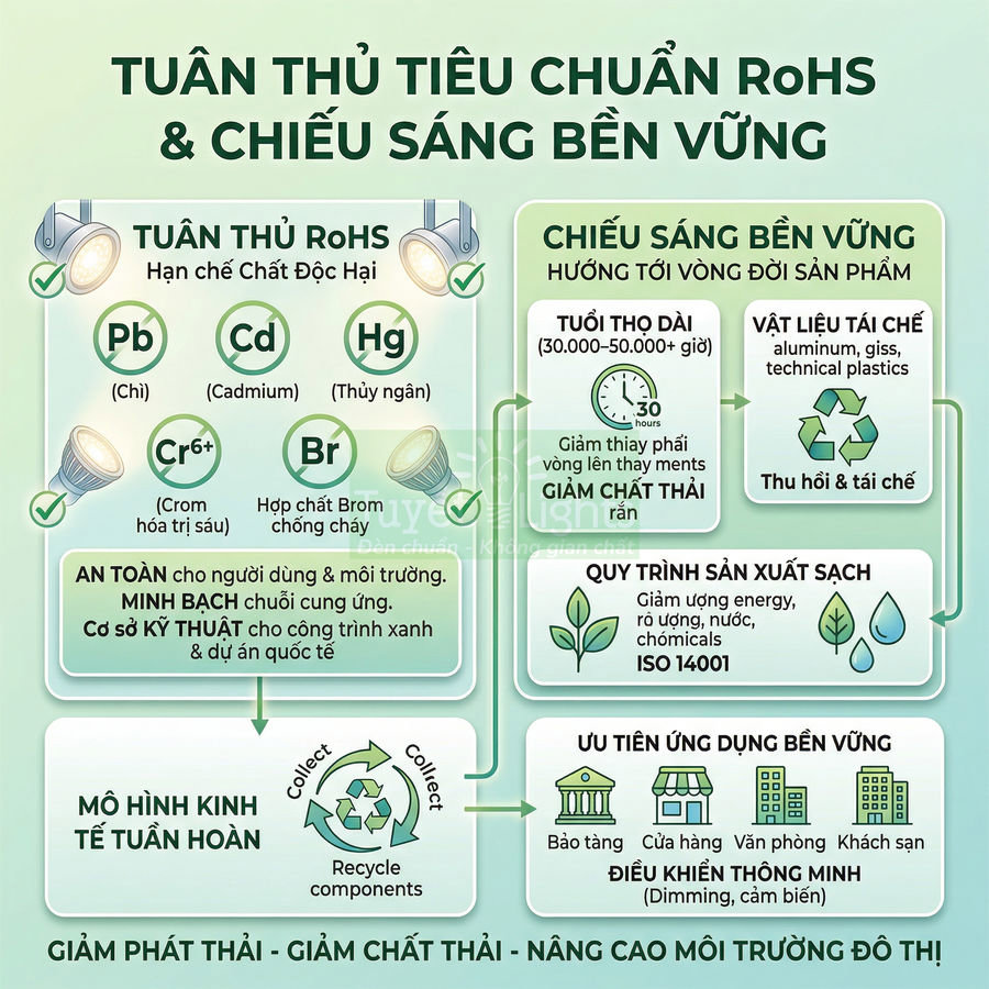 Infographic tiêu chuẩn RoHS và chiếu sáng bền vững cho đèn LED, mô tả lợi ích an toàn và mô hình kinh tế tuần hoàn