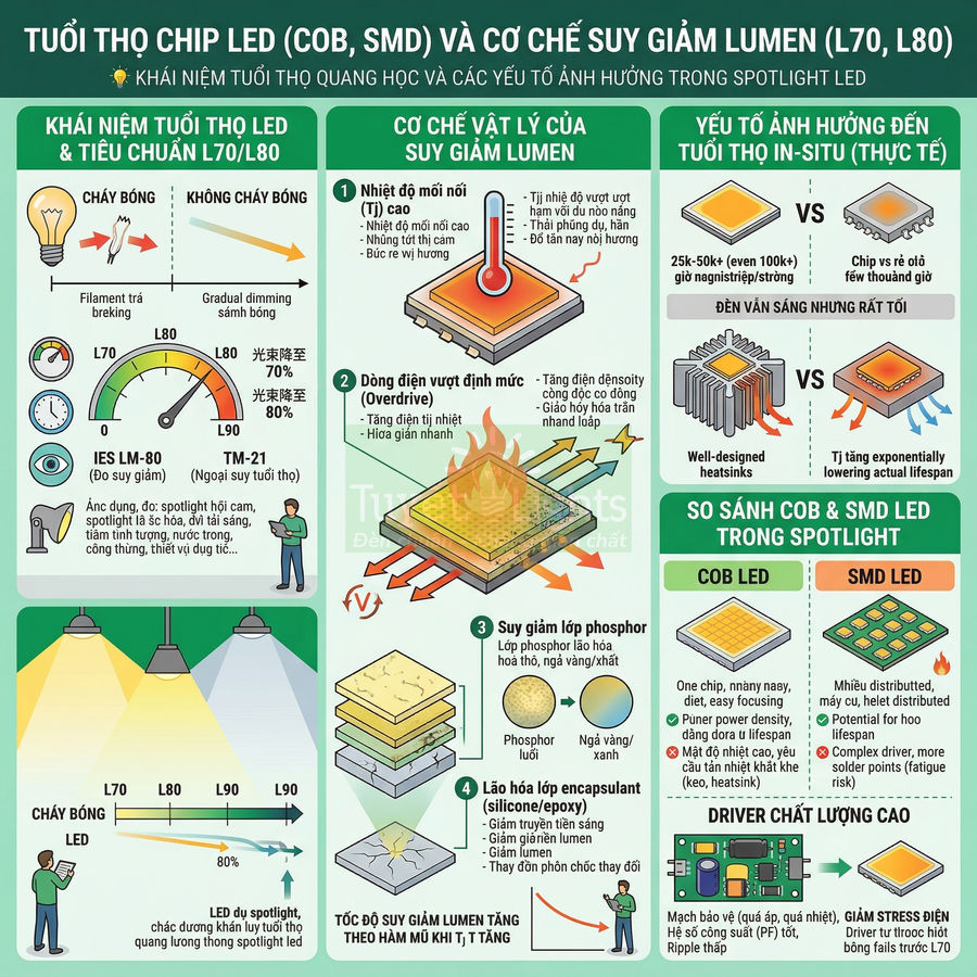 Infographic so sánh tuổi thọ chip LED COB và SMD, cơ chế suy giảm lumen và các yếu tố ảnh hưởng spotlight LED