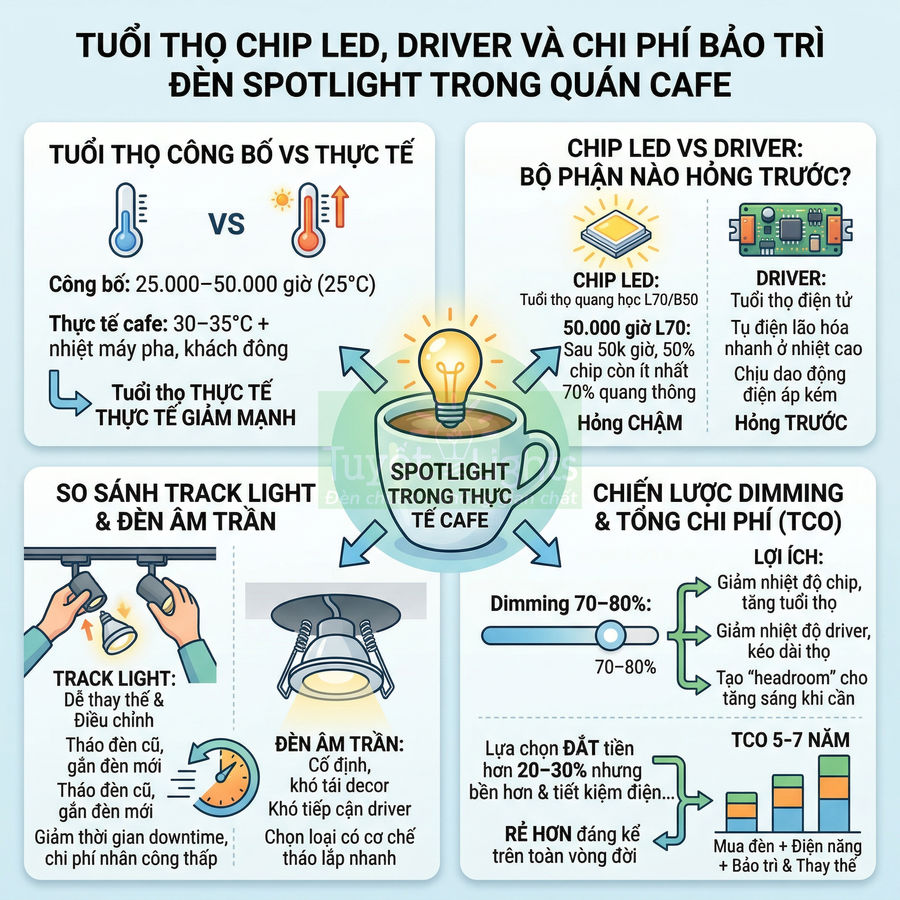 Infographic tuổi thọ chip LED driver và chi phí bảo trì đèn spotlight trong quán cafe